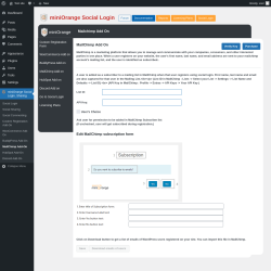 Page screenshot: miniOrange Social Login, Sharing → MailChimp Add-On