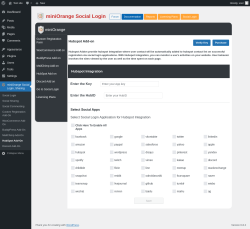 Page screenshot: miniOrange Social Login, Sharing → HubSpot Add-On