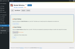 Page screenshot: Wow Plugins &rarr; Modal Window &rarr; Import/Export