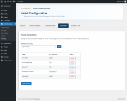 Page screenshot: Hotel Booking &rarr; Settings &rarr; Amenities