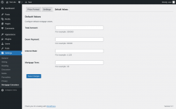 Page screenshot: Settings &rarr; Mortgage Calculator &rarr; Default Values