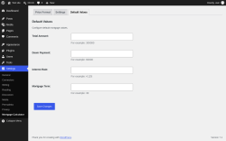 Page screenshot: Settings &rarr; Mortgage Calculator &rarr; Default Values
