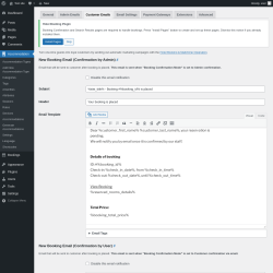 Page screenshot: Accommodation → Settings → Customer Emails