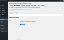 Page screenshot: Settings &rarr; MyCryptoCheckout &rarr; Autosettlements