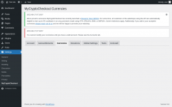 Page screenshot: Settings &rarr; MyCryptoCheckout &rarr; Currencies