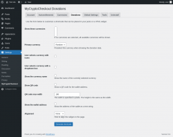 Page screenshot: Settings &rarr; MyCryptoCheckout &rarr; Donations