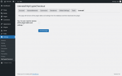 Page screenshot: Settings &rarr; MyCryptoCheckout &rarr; Uninstall