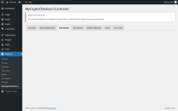 Page screenshot: Settings → MyCryptoCheckout → Currencies