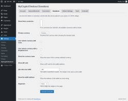 Page screenshot: Settings → MyCryptoCheckout → Donations
