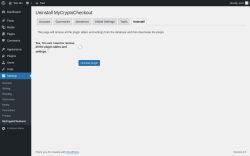 Page screenshot: Settings &rarr; MyCryptoCheckout &rarr; Uninstall