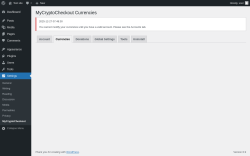 Page screenshot: Settings &rarr; MyCryptoCheckout &rarr; Currencies