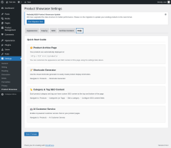 Page screenshot: Settings &rarr; Product Showcase &rarr; Help