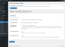 Page screenshot: Settings &rarr; Product Showcase &rarr; SEO