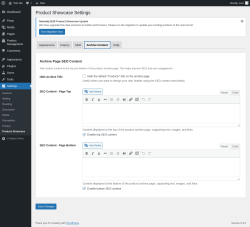 Page screenshot: Settings &rarr; Product Showcase &rarr; Archive Content
