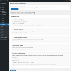 Page screenshot: Settings &rarr; Product Showcase &rarr; Help