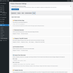 Page screenshot: Settings &rarr; Product Showcase &rarr; Help