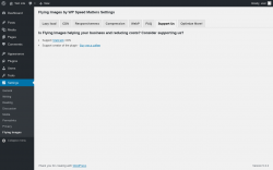 Page screenshot: Settings &rarr; Flying Images &rarr; Support Us