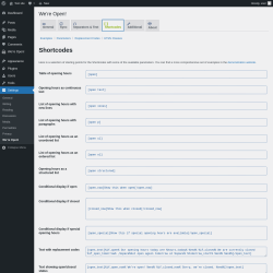 Page screenshot: Settings → We’re Open! →  Shortcodes