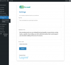 Page screenshot: Pay to Read Plugin &rarr; Settings