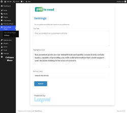 Page screenshot: Pay to Read Plugin &rarr; Settings