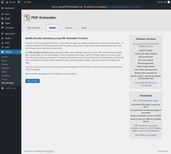 Page screenshot: Settings &rarr; PDF Embedder &rarr; Mobile