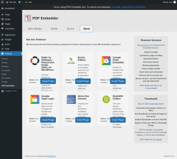 Page screenshot: Settings &rarr; PDF Embedder &rarr; About