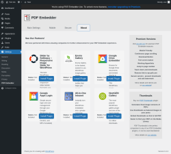 Page screenshot: Settings &rarr; PDF Embedder &rarr; About