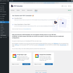 Page screenshot: Settings &rarr; PDF Embedder &rarr; 
							About						