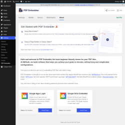 Page screenshot: Settings &rarr; PDF Embedder &rarr; 
							About						