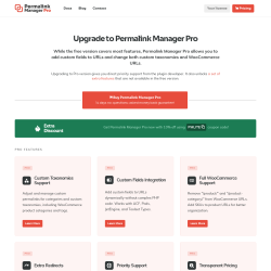 Page screenshot: Tools &rarr; Permalink Manager &rarr;  Upgrade to PRO
