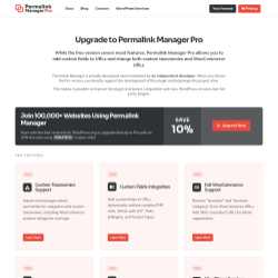 Page screenshot: Tools &rarr; Permalink Manager &rarr;  Upgrade to PRO