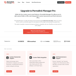 Page screenshot: Tools &rarr; Permalink Manager &rarr;  Upgrade to PRO