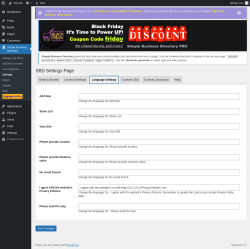Page screenshot: Simple Business Directory &rarr; Settings &rarr; Language Settings