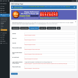 Page screenshot: Simple Business Directory &rarr; Settings &rarr; Language Settings