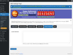 Page screenshot: Simple Business Directory &rarr; Settings &rarr;  Custom Javascript