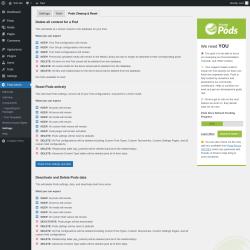 Page screenshot: Pods Admin → Settings → 
						Cleanup & Reset					
