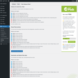 Page screenshot: Pods Admin &rarr; Settings &rarr; 
						Cleanup & Reset					