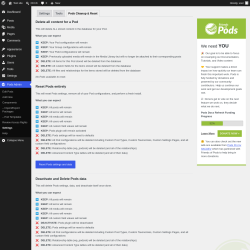 Page screenshot: Pods Admin &rarr; Settings &rarr; 
						Cleanup & Reset					