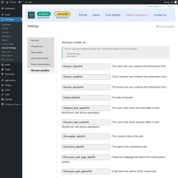 Page screenshot: Poll Maker → General Settings → 
                            Message variables                        
