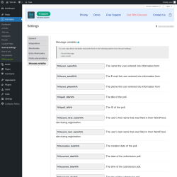 Page screenshot: Poll Maker &rarr; General Settings &rarr; 
                            Message variables                        