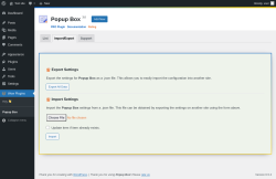 Page screenshot: Wow Plugins &rarr; Popup Box &rarr; Import/Export