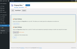 Page screenshot: Wow Plugins &rarr; Popup Box &rarr; Import/Export
