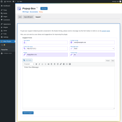 Page screenshot: Wow Plugins &rarr; Popup Box &rarr; Support