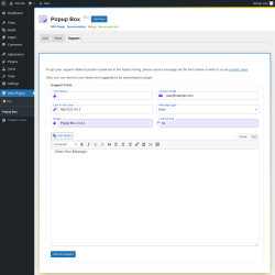 Page screenshot: Wow Plugins &rarr; Popup Box &rarr; Support