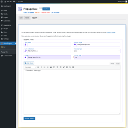 Page screenshot: Wow Plugins &rarr; Popup Box &rarr; Support