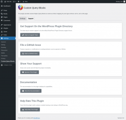 Page screenshot: Settings &rarr; Custom Query Blocks &rarr; Support