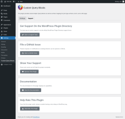Page screenshot: Settings &rarr; Custom Query Blocks &rarr; Support