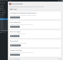 Page screenshot: Settings &rarr; Custom Query Blocks &rarr; Support