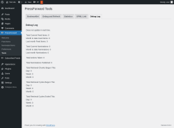 Page screenshot: PressForward → Tools → Debug Log