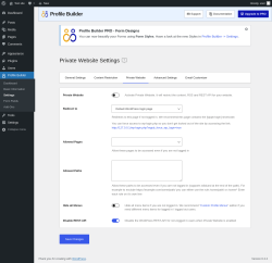 Page screenshot: Profile Builder &rarr; Settings &rarr; Private Website